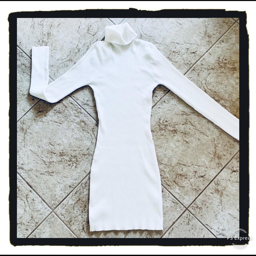 White Stretch Ribbed Turtleneck Bodycon Sweater Dress Size 8 New